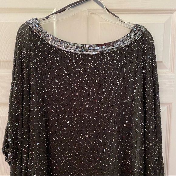 Jkara Cocktail Dress Dropped Waist Dolman sleeves Slate w/sequins Size 16 - Picture 3 of 11